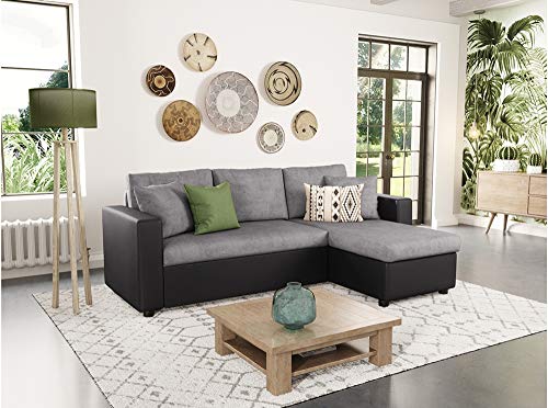Loungitude - Canapé d'angle réversible, convertible en simili et microfibre avec coffre - Gris/Noir - 3 Places