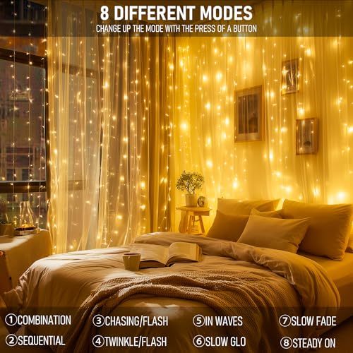 Dazzle Bright 300 LED Curtain Lights, Plug in Fairy Curtain Lights for Bedroom, Christmas Hanging String Lights Outdoor for Window Backdrop Wall Wedding Patio Indoor Dorm Party Decor, Warm White - Image 5