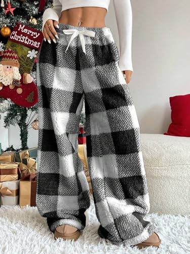 Image of ZAFUL Women's Fuzzy Plush Pajama Pants Wide Leg Pj Bottoms Lounge Pants | Soft Fluffy Sleep Pants Drawstring Elastic Waist Teddy Pjs for Women No Pockets