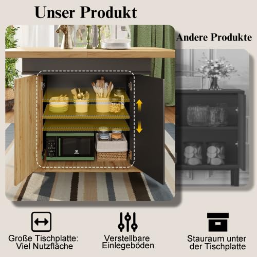 Mesa de comedor extensible de 110 a 140 cm, estilo retro con puertas moldeadas al vacío, mesa de cocina plegable para 4-6 personas con espacio de almacenamiento y estantes ajustables, color