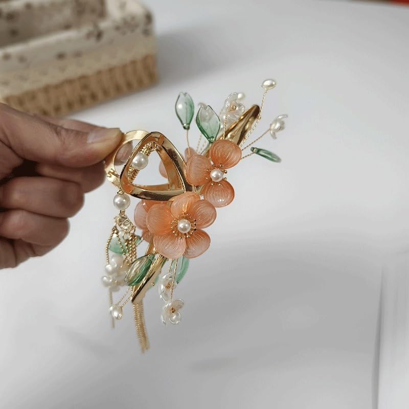 Ancient Flower Tassel Hairpin Hair Claw Clip Metal Winding Pearl Retro Accessory