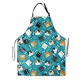 Funny Cat Apron with 2 Pockets and Adjustable Neck Teal Background Cute Cartoon Cats Print Aprons...