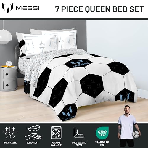 Image of Jay Franco Kids Comforter Set Includes Sheets and Pillow Cover - Soft and Cozy Bed Set for Stylish Room Decor, White - Messi, 7 Piece Queen