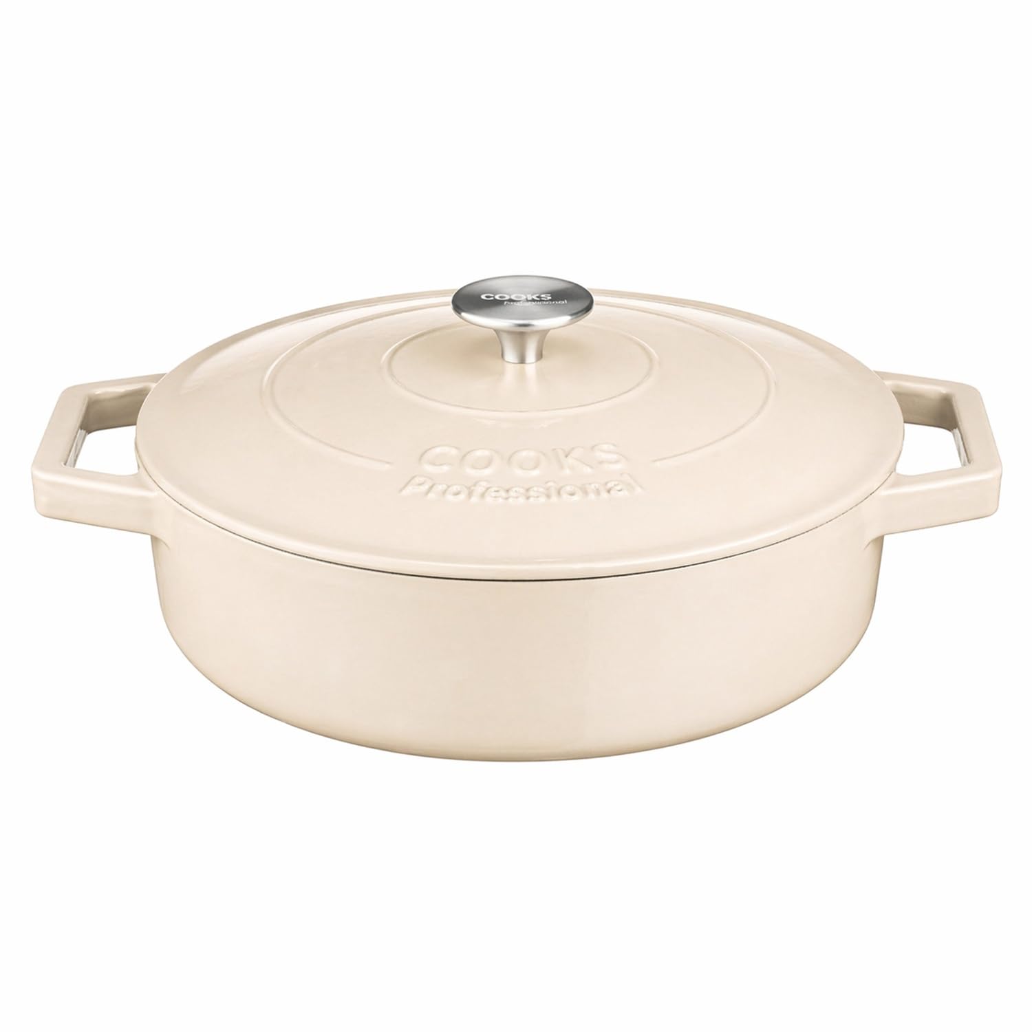 Cooks Professional 28cm Cast Iron Shallow Casserole Dish 4.3L with Lid & Handles | Colourful Modern Enamelled Cooking Pan Pot | Suitable For All Hobs Inc Induction | Oven & Grill Safe | Ivory