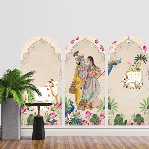 Image of Ridit Creation Radha Krishna Wall Poster | Cow Peacock Lotus Traditional Design | 3 Piece Arch Shape Wall Decor Poster for Home Decoration