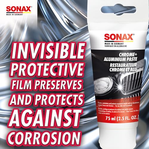 SONAX Pasta do pielęgnacji chromu i aluminium (75 ml) zawierająca środek polerujący do usuwania korozji, pokrytych i martwych miejsc, nr art. 0308000