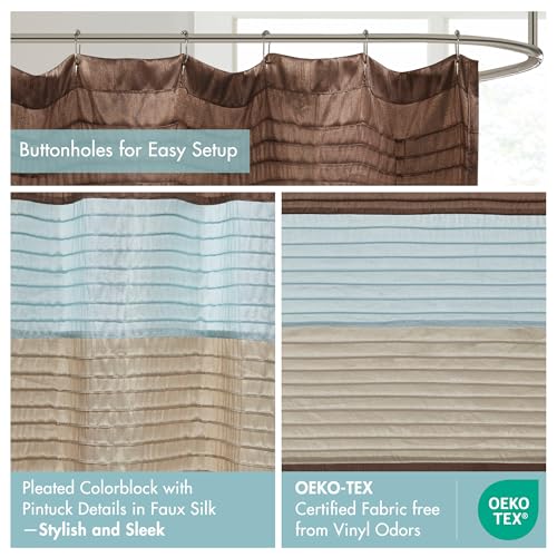 Image of Madison Park Amherst Bathroom Shower Curtain Faux Silk Pieced Striped Modern Microfiber Bath Curtains, 72x84 Inches, Blue