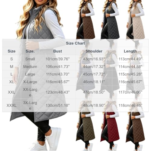 Women Long Quilted Vest Stand Collar Full Zip Puffer Jacket with Pockets - image 7