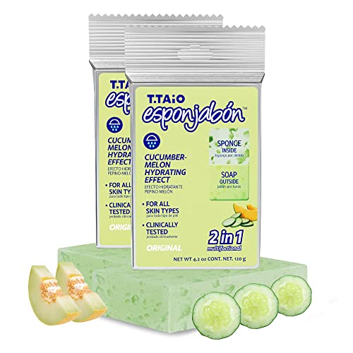 T.taio Esponjabon Soap Sponge - Cleansing Shower Scrubber - Cleaning Bath Wash Scrub - Oil Removal - Massage & Lather Foot, Elbow, & Face - Bathroom Accessories - Cucumber & Melon Soap (2-Pack) #TOP7