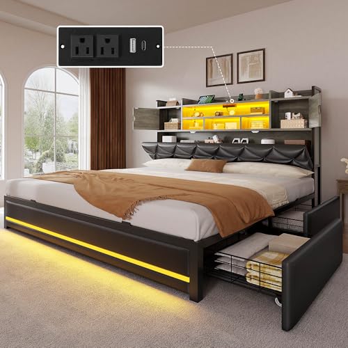 YITAHOME Queen Size Bed Frame with RGB LED Lights & Storage Bookcase Headboard, Upholstered Bed with Charging Station and 4 Drawers, No Box Spring Needed, Easy Assembly, Noise-Free, PU Leather Black