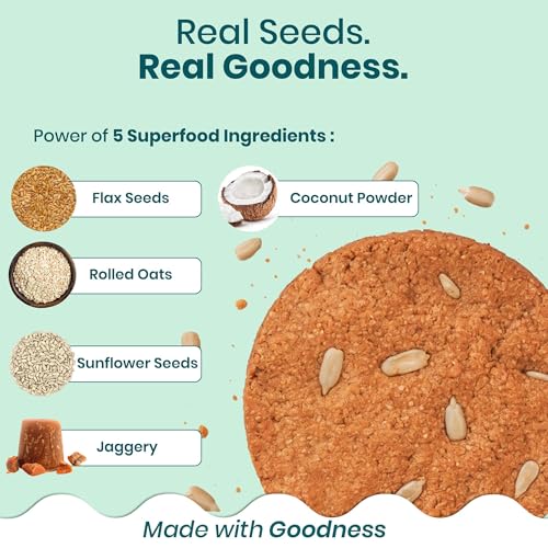 Image of Chuckle Clean Seed Oat Cookies with Flax & Sunflower Seeds 300g (6 Pack x 50g), Jaggery Sweetened Cookies without Palm Oil, Gluten Free Biscuits and Protein Cookie Snack with Oats & Seeds