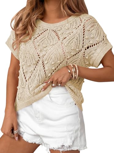 Image of Cakulo Womens Crochet Crop Tops 2026 Summer Short Sleeve Hollow Out Boho Sweater Beach Vacation Cruise Resort Wear