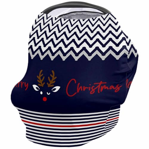 Nursing Cover for Breastfeeding Scarf, Navy Blue Polyline Strips Cartoon Deer Christmas Baby Car Covers Super Soft Multi Use for Canopy Shopping Cart Cover Blanket Stroller Cover