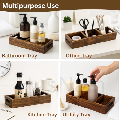 Image of HusNain Wooden Bathroom Tray with 3 Compartments Multipurpose Kitchen Countertop Organizer, Soap Dish, Candles & Accessories Vanity for Bathroom Sink (3 Compartment)