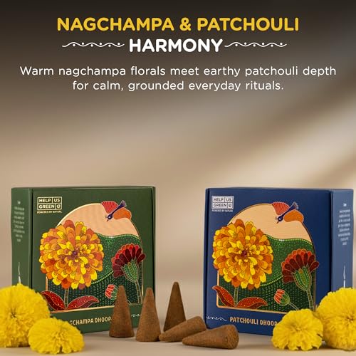 Image of HelpUsGreen Natural Dhoop Cones for Pooja, Mediation, Relaxation - Charcoal-Free Incense Cones with Holder - Lasting Aroma Upcycled Temple Flowers - 2-Pck, 80 Cones, Patchouli & Nagchampa