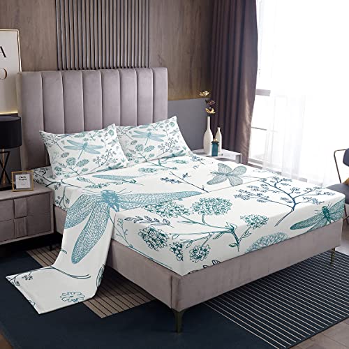 Erosebridal Dragonfly Bedding Set Queen,Girls Teal Hydrangea Dragonfly Sheet Set Gifts for Women Nature Floral Botanical Bed Sheets Wildflowers Plant Animal Decor Bed Sheet 2 Pillow Cases