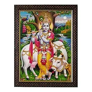 Lalitha Photo Frame Works Synthetic Wood Lord Krishna with Kamadhenu Pooja Wall Photo Frame (Multicolour, Medium)