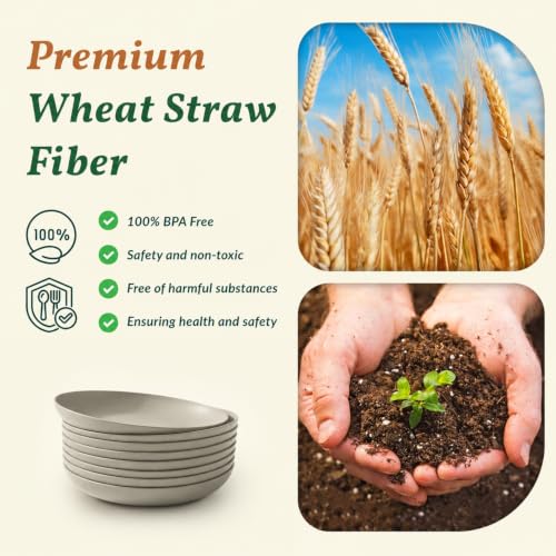 Image of Homienly Deep Dinner Plates Set of 8 Alternative for Plastic Plates Microwave and Dishwasher Safe Wheat Straw Plates for Kitchen, Camping Unbreakable Lightweight Round Plate Set (Grey, 9 inch)