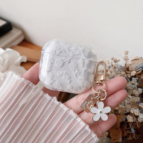 Image of MINSCOSE for with AirPods 4 Clear Case,Cute Flower Floral Aesthetic Design with Flowers Keychain, Soft TPU Protective Shockproof Case for Women Girl for Airpods 4-White