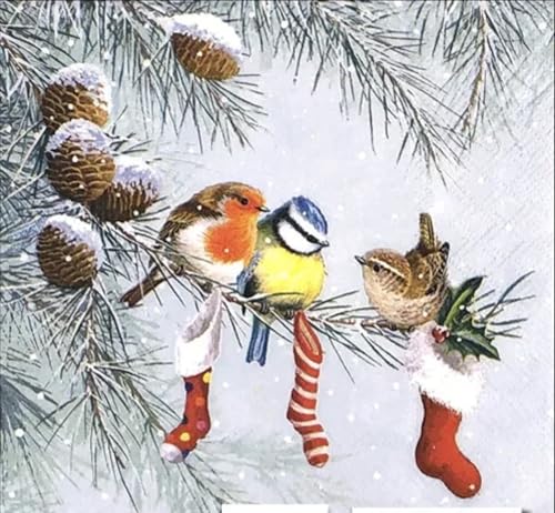 Set of 2 Individual Decoupage Paper Party Napkin Christmas Birds Stockings Watercolor Decor Luncheon Napkins for a Birthday Holiday, Wedding, Cocktail Party