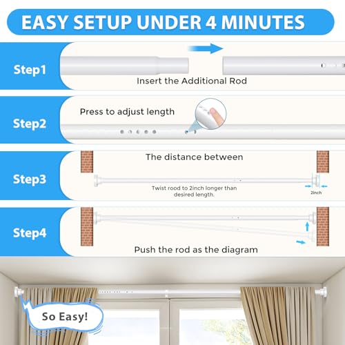 Image of Tension Curtain Rod White Tension Rod 40 to 148 Inch Spring Curtain Rods Non Slip Tension Rods 1pcs For Windows No Drilling Adjustable Tension Rods of Curtains Window Closet Kitchen Wardrobe