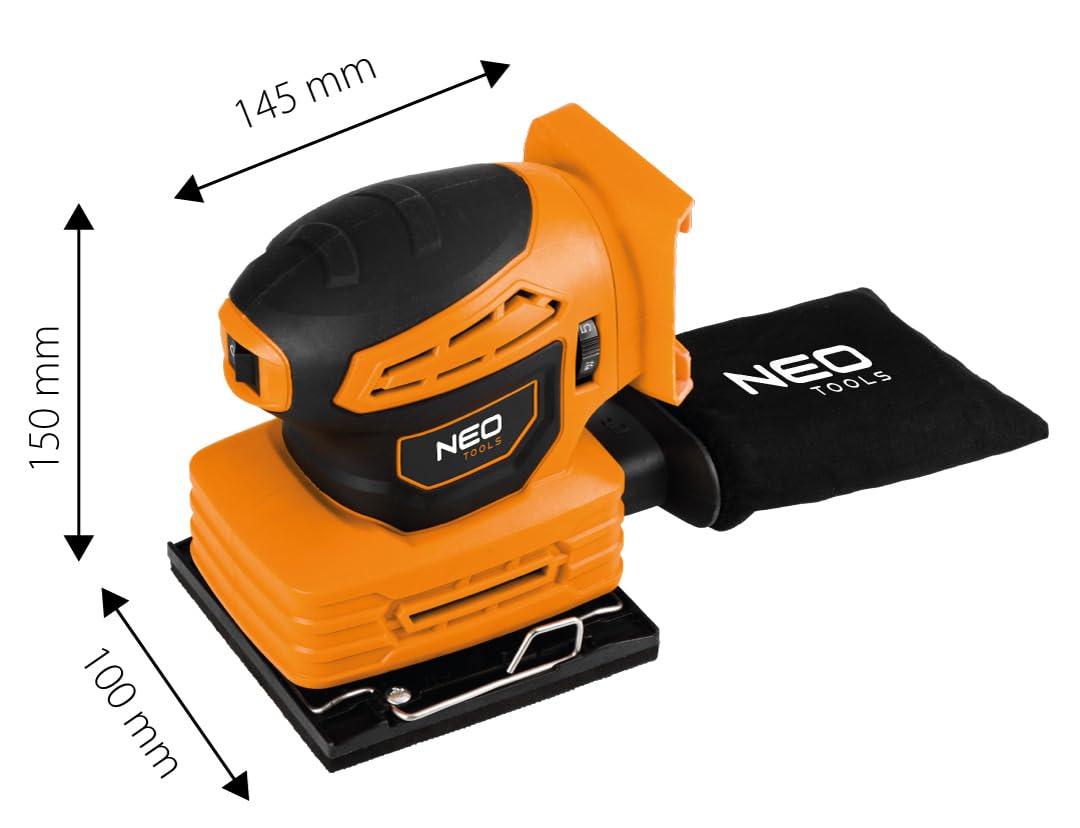 NEO TOOLS Smerigliatrice multiuso 3 in 1, batteria professionale, sistema 18 V, senza batteria, levigatrice orbitale, contenitore per polvere, base quadrata, piede rettangolare, piede delta, 3 pezzi