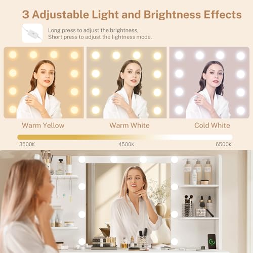 Image of FIONESO Vanity Desk with LED Light Mirror & Power Outlet, 3 Adjustable Light Color, Makeup Vanity with 7 Drawers, 4 Shelves, 5 Jewel Hooks, White Vanity for Bedroom, Girls Vanity