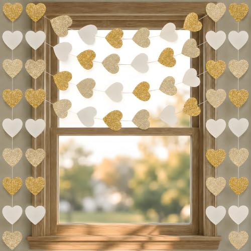 Image of Engagement Party Decorations - White Gold Champagne Heart Streamers Garland