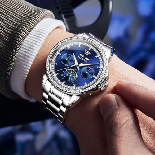 Image of OPK Men Analog Automatic Watches Waterproof Multifunction Chronograph Diamond Moon Phase Luminous Stainless Steel Band Wrist Watches