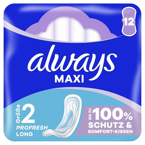 Always Maxi Profresh Long Binden (Größe 2) Ohne Flügel 12 Stück Für Stärkere Tage Damenbinden Bis Zu 100% Schutz & Komfort-Kissen
