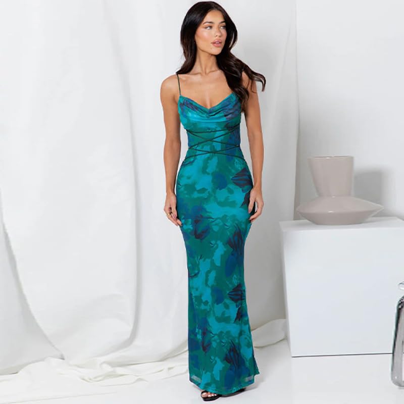 Image of ABINGOO Women Vintage Spaghetti Strap Maxi Dress Sexy Low Cut Backless Floral Satin Slip Long Dress Y2k Cami Bodycon Dresses