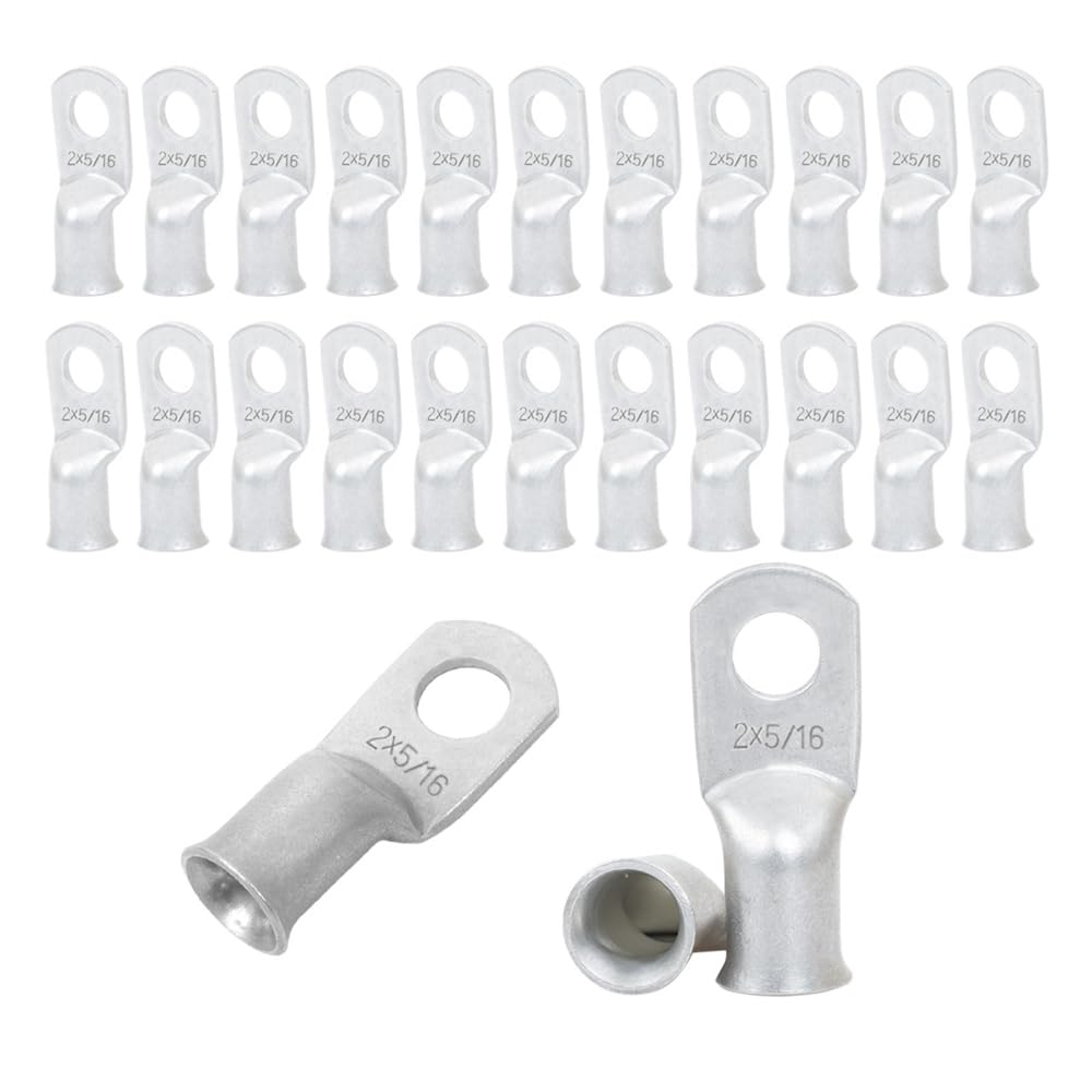 2 AWG 5/16" Stud (25 pcs.), Heavy Duty Tinned Battery Ring Terminal, 2 Gauge Connectors, 2 Gauge Copper Ring Terminals, Wire Lugs, Bare Copper Eyelets