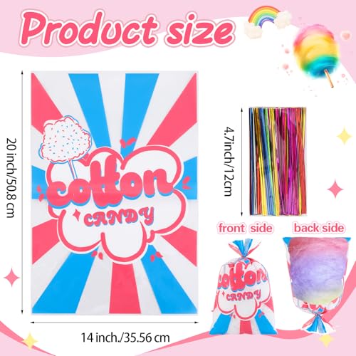 Image of 100 Pcs Cotton Candy Bags 14 x 20 Inch with Ties,for Cotton Candy Large Carnival Candy Cones Treat Bags Bulk Cotton Candy Supplies Carnivals Party Favors