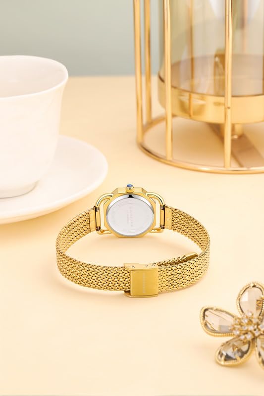 Image of Giordano Analog Quartz Watch for Women with Octagonal Textured Dial, Crystal Hours Markers, Blue Crown and Mesh Metal Strap
