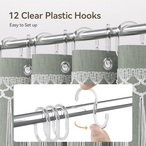 Image of AmazerBath Green Shower Curtains for Bathroom, Boho Farmhouse Shower Curtain with Top Tassels, Sage Green Shower Curtain with 12 Hooks, Faux Linen Fabric Hotel Quality, 72x72 Inches
