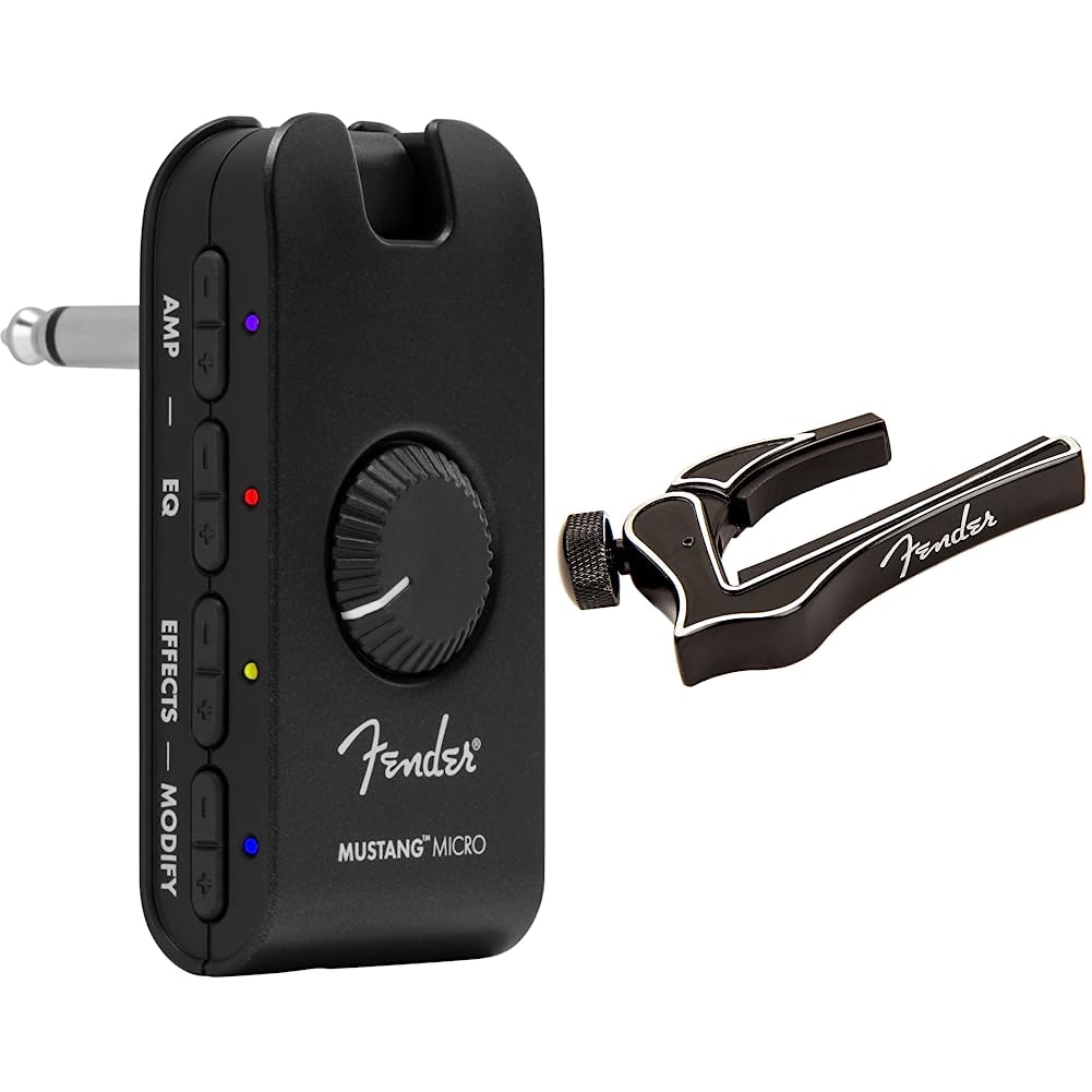 Fender Mustang Micro Amp – Der ultimative All-in-One Kopfhörer-Verstärker & Dragon Guitar Capo – Handlich & geeignet für jeden Spieler – Schwarz