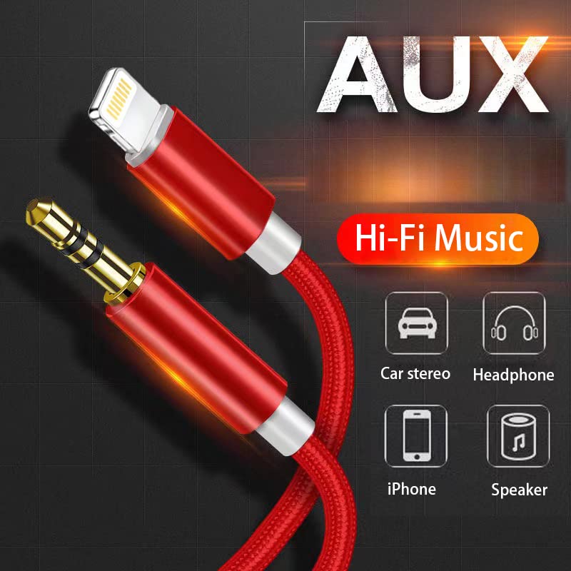 Aux Cord for iPhone, Lightning to 3.5mm Audio Nylon Braided Cable for iPhone 13 12 11 XS XR X 8 7 6 iPad iPod to Car/Home Stereo/Headphone/Speaker, Apple MFi Certified Headphone Jack Adapter (Red)