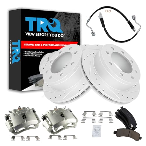 Image of TRQ Rear Brake Pad & Rotor Kit Slotted X Drilled Performance Ceramic Compatible with Rear Driver & Passenger Side 2006-2011 Chevrolet Express 2500 2003-2011 Express 3500 GMC Savana 2500 Savana 3500