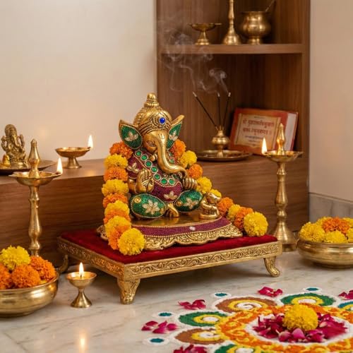 Image of Kalakriti Metal Ganpati Idol with Mouse, 6 Inch Gold Finish Lord Ganesha Statue for Home Decor |Temple Office Hostel Desk, Hindu God Ganesh Vinayaka Decorative Showpiece for Living Room, Chua Ganesh