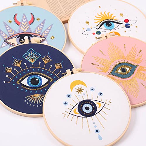 Image of Harimau 5pcs Beginner Embroidery Kit,Eye Pattern,Cross Stitch Kits, Including Stamped Embroidery Cloth with 2 Embroidery Hoops, Multicolor Color Threads for Embroidery Kit