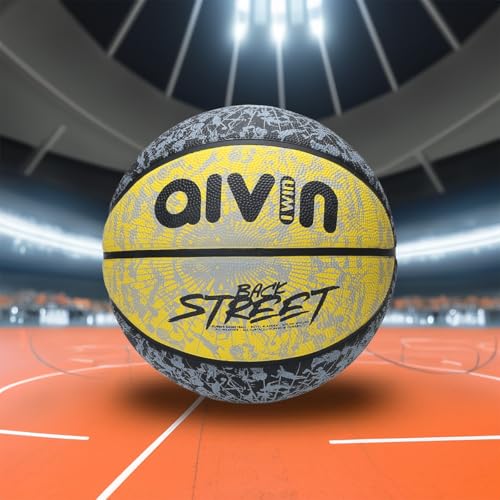 Image of Aivin Back Street Basketball, Rubberized Moulded Basketball Game, for Match, Training, Outdoor Ball, Durable for Practice, Suitable for All Surface, 8 Panel, Material-Rubber (Yellow /Black) Size 7