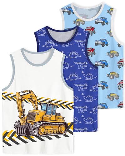 Boys Tank Tops Toddler Sleeveless Undershirts Kids Crew Neck 3-Pack Tank Tops for Boys Dinosaur Excavator Tees Cartoon Print Top Soft Breathable Tank Set Boys Athletic Sport Active Shirt 3T 4T