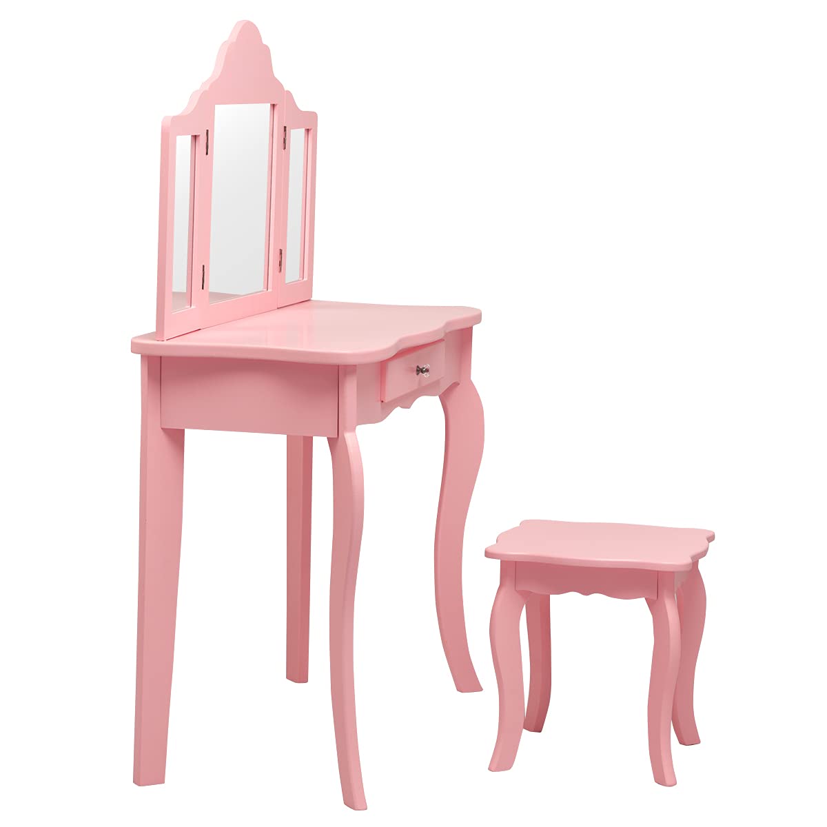 GOPLUS Kinder Schminktisch mit 3 Klappbaren und Abnehmbaren Spiegel, Frisiertisch, Kindertisch aus Holz, 1 Hocker, 1 Schublade, inkl. Haarseilset, für Mädchen, im Schlafzimmer (Rosa)