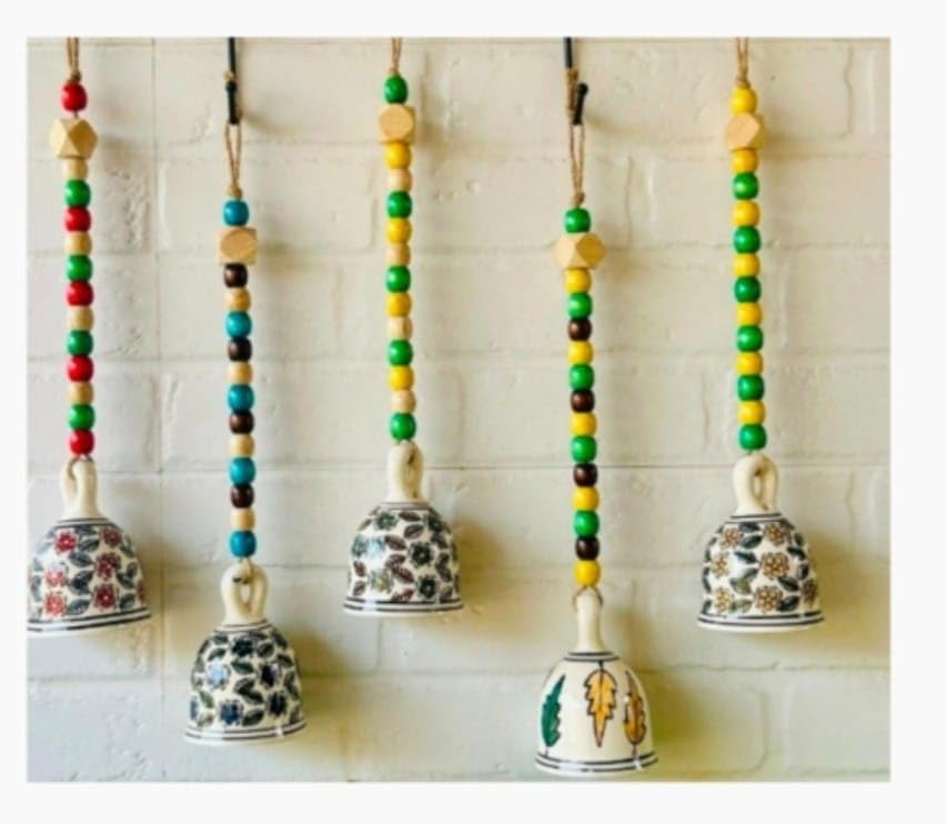 Shopping Shots Ceramic Hand Painted Bells with Multi Colour Beads in Macrame Rope - Flowers Printed Pack of 5 with Hooks