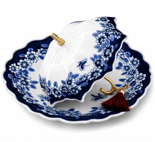 Umbrella Tea Infuser Tea Umbrella Diffuser Shape Ceramic Strainer Chinese Blue & White Porcelain Loose Leaf Filter with Rotating Design For Kung Fu/Coffee/Brewing (blue a set of)