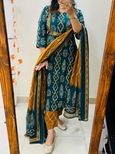 Image of ANNI Designer Women Kurta Set with Dupatta | Cotton Printed Straight Kurta Pant Dupatta Set | 3 Piece Kurti Set for Women | 3 /4 Sleeve Round Neck Cotton Suit for Daily Office Party Wedding