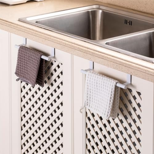 Image of Cabinet Door Towel Bar, Kitchen Towel Holder, White 2 Pack | Extended Anti-Slip Arm, EVA Scratch Guard Pads, No-Drill Install, Stainless Steel Dish Towel Holder, Kitchen Towel Rack