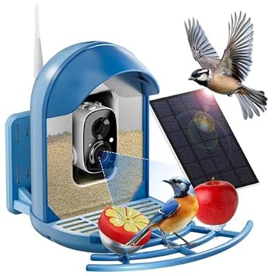 Bird Feeder with Camera, Smart Birdfeeder with Cam Solar Powered, 2K HD Video, AI Identification, Instant Arrival Alerts, IP66 Bird Bath & Feeder,Gift for BirdLover (with Stand, Blue)