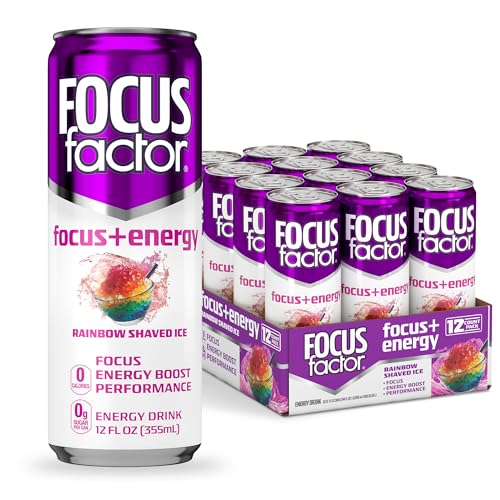 Focus Factor Energy Drink - 12 x 355ml Cans (Rainbow Shaved Ice Flavor) - with Focus + Energy - Lightly Carbonated, Sugar Free, Low Calorie with Vitamin B6 & Vitamin B12