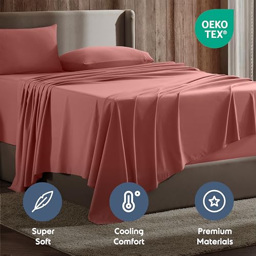 Image of Nestl Split King Bed Sheet Set - Pink Clay - 5-Piece Deep Pocket | Instantly Soft, Night-One Ready (No Wash Required). Fits 16-Inch Deep Pockets, 360-Degree Elastic Grip